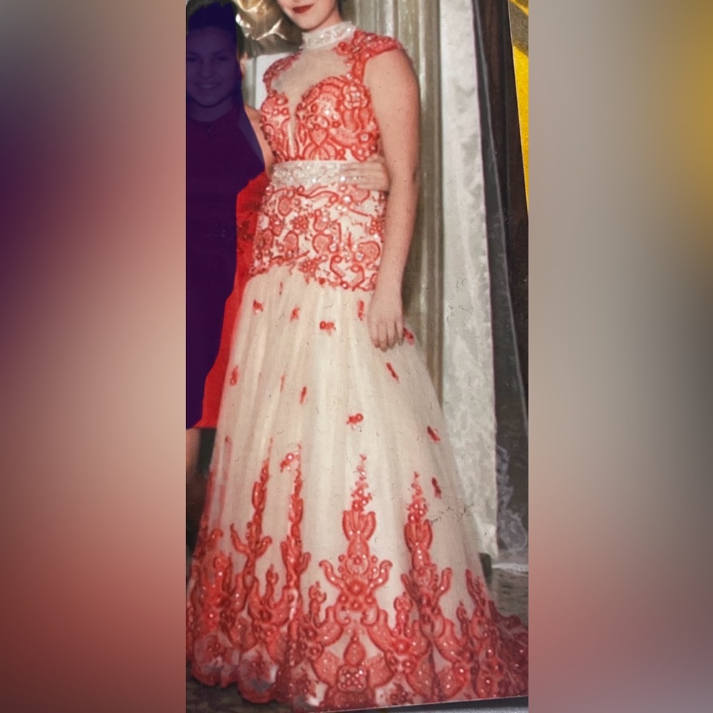 Angela & Alison Red and Cream Embellished Tiered Gown